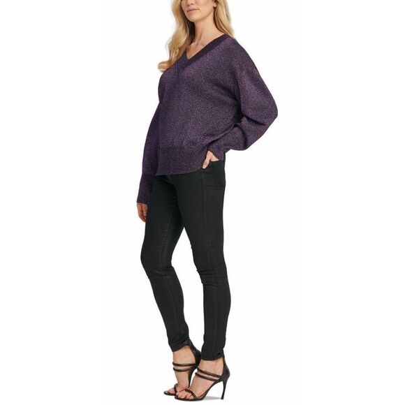 DKNY NWT Purple Glitter Sparkle V-Neck Sweater Top - Picture 3 of 7
